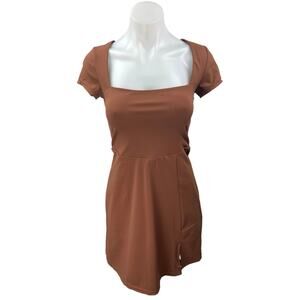 NEW Casly Lamiit Brown Square Neck Short Sleeve Mini Jersey A-Line Dress Size S
